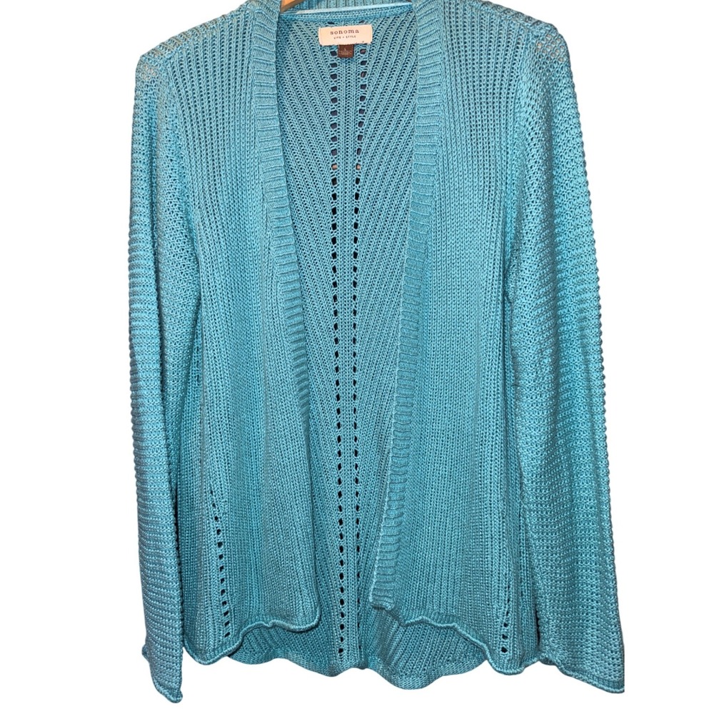 Sonoma Life Style Turquoise Blue Open Knit Cardigan Sweater Women L‎